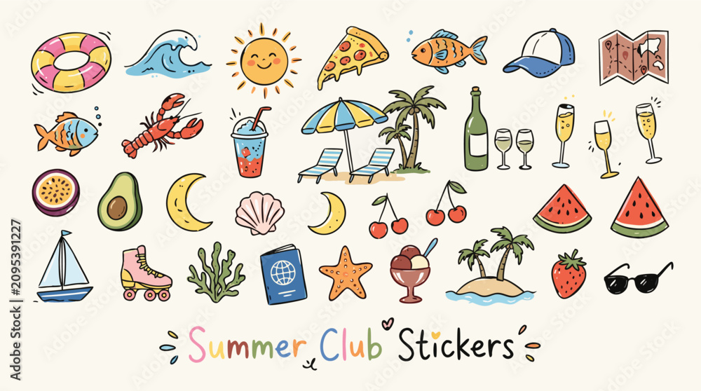 Obraz premium Summer club stickers with various colorful icons and symbols for holiday fun activities