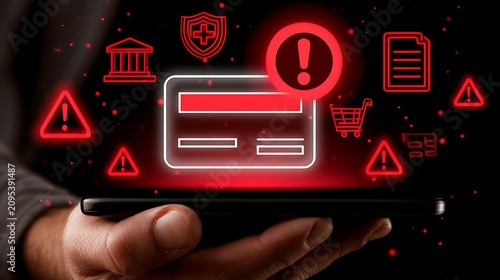 Online payment fraud detection and cybersecurity threat alert concept person using smartphone, blocked credit card transaction warning and digital banking security system to prevent financial scam.