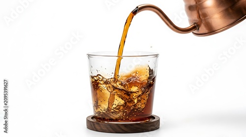 Iced tea pouring, cold brew coffee, refreshing drink, glass with ice