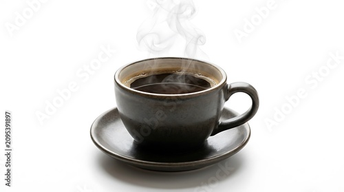 Steaming hot coffee, dark brown cup, saucer, morning drink