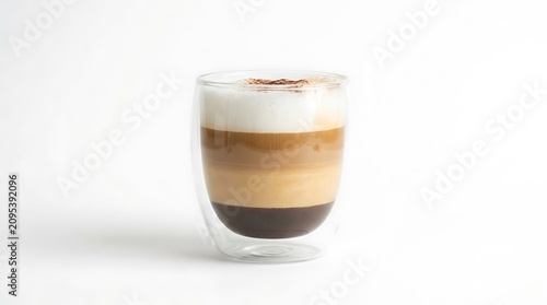 Delicious latte coffee, layered espresso drink, creamy foam topping, brown and white hues, morning beverage