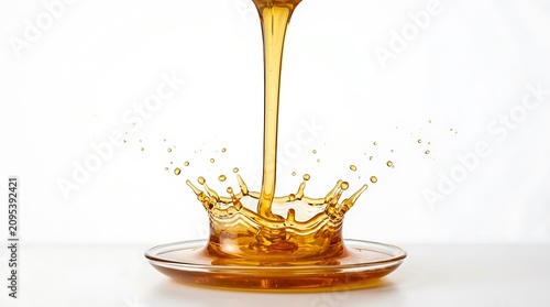 Golden liquid splash, honey pouring, syrup drop, amber fluid motion