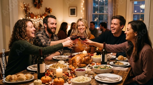 Friends and family celebrating Thanksgiving dinner toasting with red wine around a festive table with turkey and side dishes