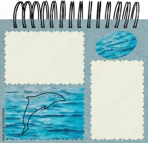 Photo album layout with empty photo frames. Page from old photo album for photos. Scrapbooking style composition on theme of vacation and travel. Sea, beach, emotions. Theme of vacation and travel.