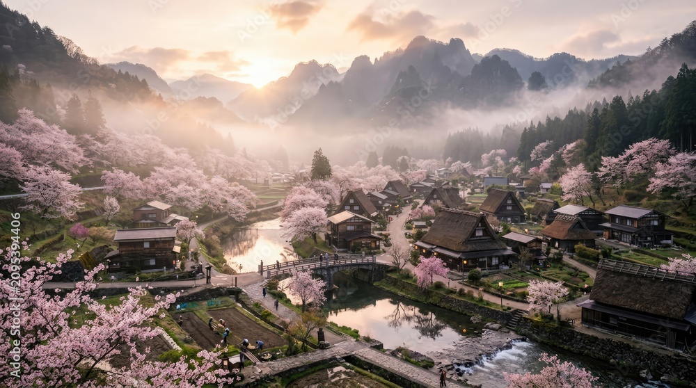 Obraz premium Shirakawa-go Village with Cherry Blossoms at Sunrise