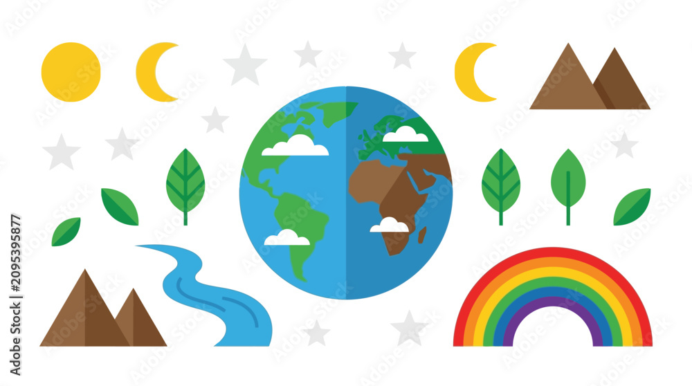 Obraz premium Colorful Flat Design Elements Representing Earth, Nature, and Environmental Sustainability Concepts, Perfect for Eco-Friendly Projects