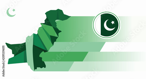 Obraz na plátne A green and white illustration of the map of Pakistan with the national flag and