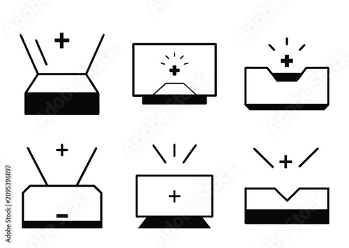 Six Different Abstract Television Screen Display Set Icons in Black and White