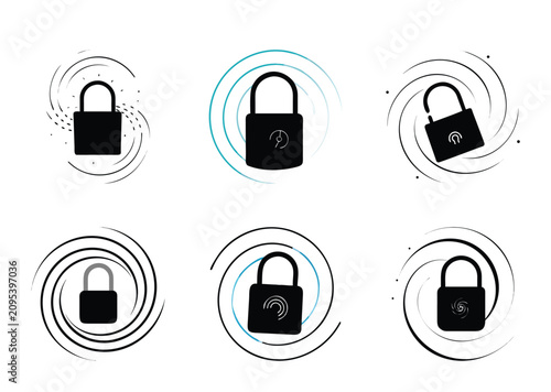 Six variations of padlock symbols with abstract swirling backgrounds, digital protection