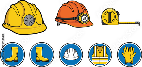 Construction safety equipment and personal protective wear icon set with vector symbols for industrial site occupational health
