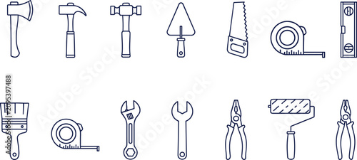 Construction tools icon set minimal line vector illustration for carpentry repair renovation hardware maintenance home improvement handyman.