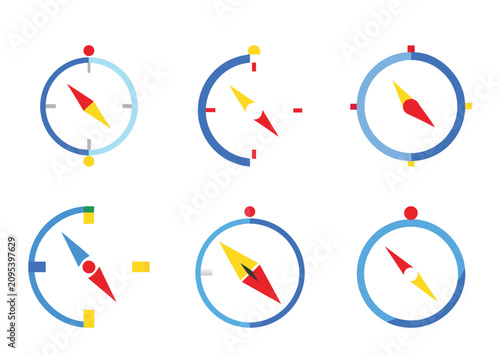 Variety of compass icons in different styles with red and yellow markers