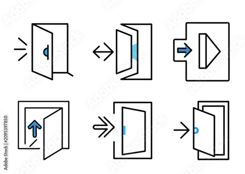 Various stylized depictions of doors and doorways with directional arrows indicating access