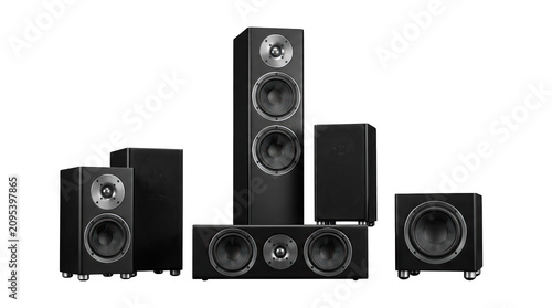 Acoustic System Showcase: A modern black acoustic system comprised of multiple speaker units, including a tall floor-standing speaker, bookshelf speakers, and a subwoofer.