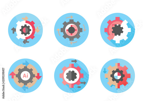 Workflow Icons Presenting Different Processes with Gears and Circular Arrows Vector