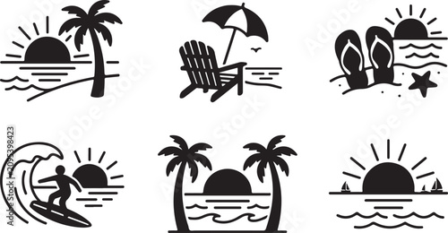 Photography Six black and white beach and surfing icons set with sun and ocean elements Vect