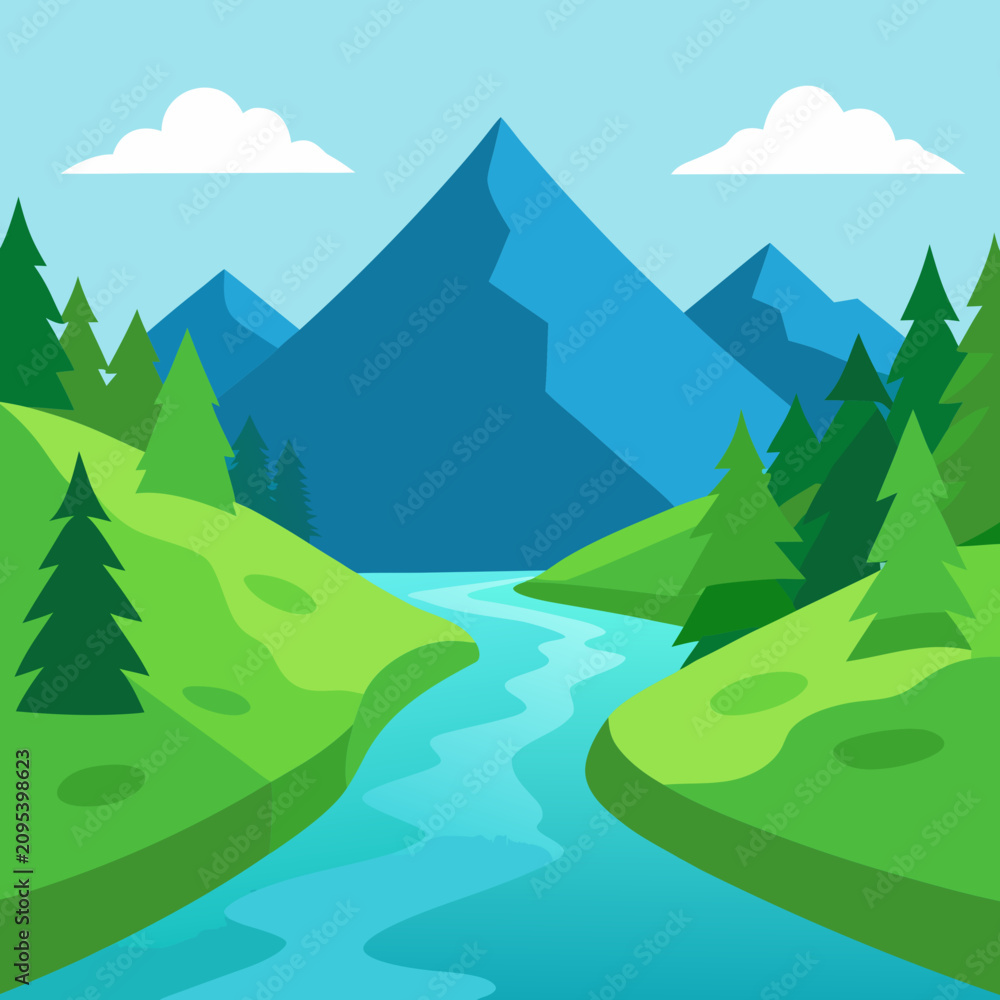 Fototapeta premium Mountain River Valley Flat Vector Landscape