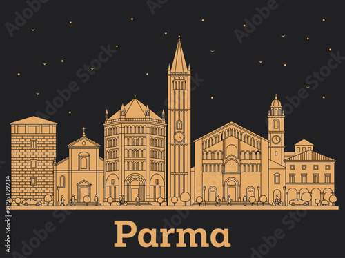 Foto Parma Italy Skyline Vector Illustration with Historic Landmarks in Gold Line Art