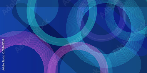 Modern abstract background with layered circular rings and light blue glowing neon paths on a dark deep blue backdrop surface.