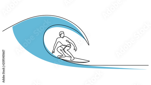 Quadro su tela Continuous single line drawing of a man surfing on a big ocean wave