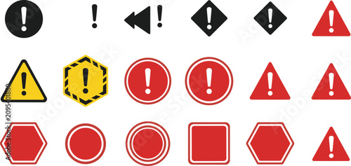Photos Warning alert and error exclamation mark icon set with vector hazard signs for s