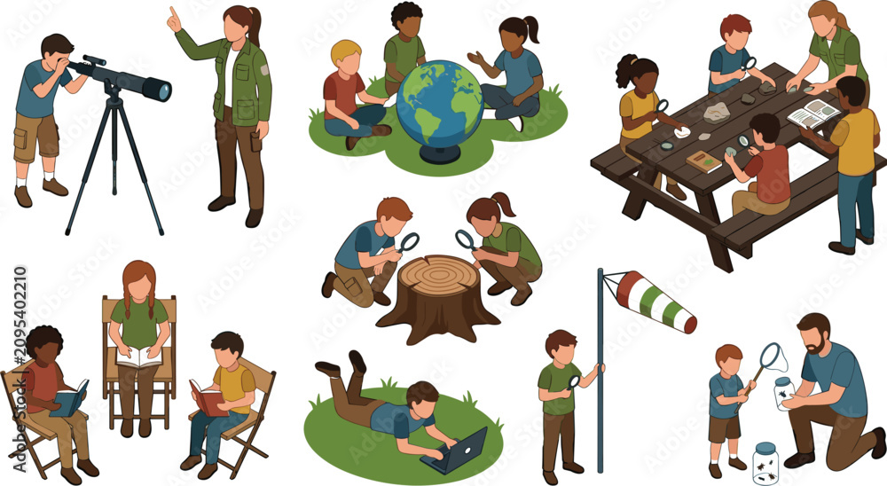 Obraz premium Isometric children science camp vector elements collection with kids exploring nature astronomy biology geography and outdoor educational activities,