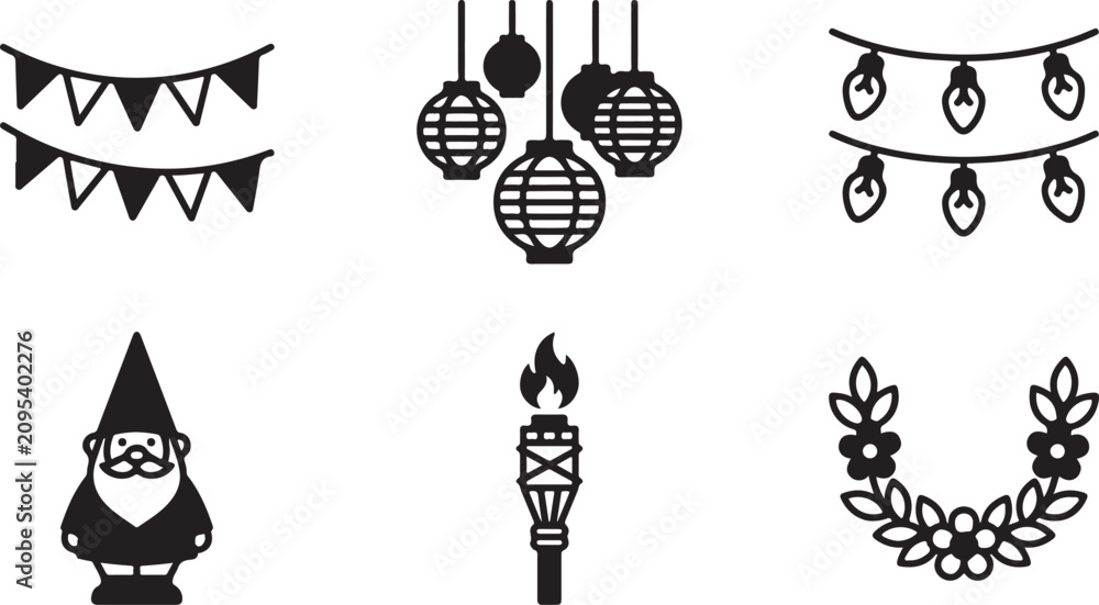 Fototapeta premium Black and white festive holiday icons set with lanterns and gnome Vector
