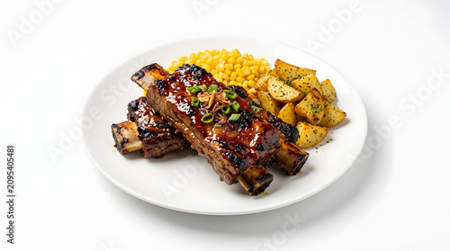Tender Indonesian grilled beef ribs (Iga Bakar) glazed in rich sweet soy sauce, with corn and potatoes. Isolated white background