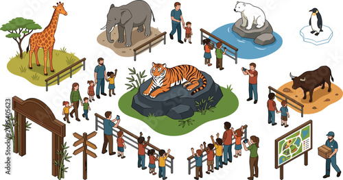 Canvastavla zoo map and safari park vector elements set with wild animals family visitors en
