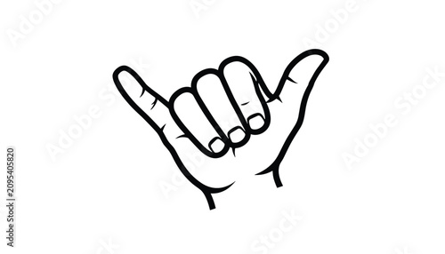 Line art illustration of a hand gesture showing the shaka or hang loose sign, isolated on a solid white background.