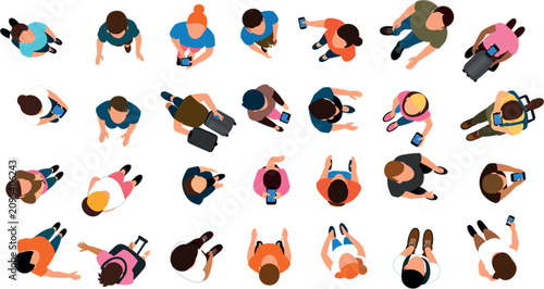  Top view people vector set with birds eye view crowd characters walking and holding smartphones