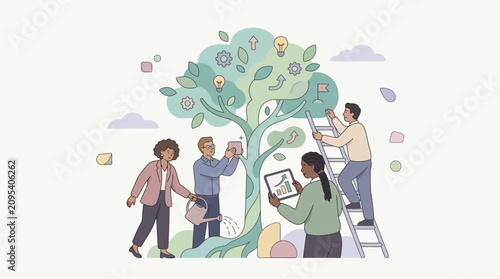 People Working Together Around Tree.