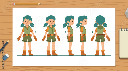 Foto Character Sheet of a Cute Explorer Girl for 2D Animation