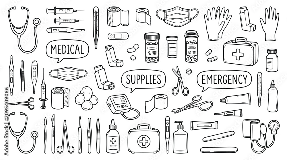 Naklejka premium Adobe IllusMedical Supplies and Emergency Icons – High‑Resolution Illustration Representing Healthcare, First Aid, and Safety Equipment for Hospitals, Clinics, and Creative Projectstrator Artwork