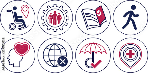 Set of eight accessibility and support vector icons on white background