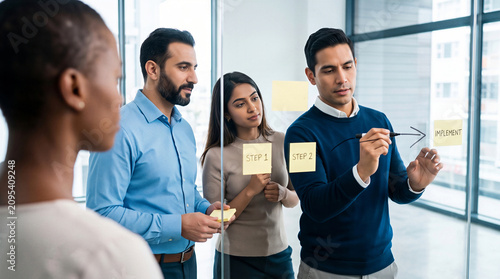Diverse business team brainstorming project strategy with sticky notes on a glass wall. Corporate teamwork, planning and collaboration