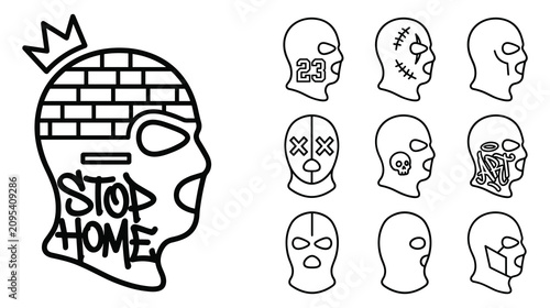 Bild auf Leinwand Balaclava mask head icons with graffiti art brick patterns and street culture decorations