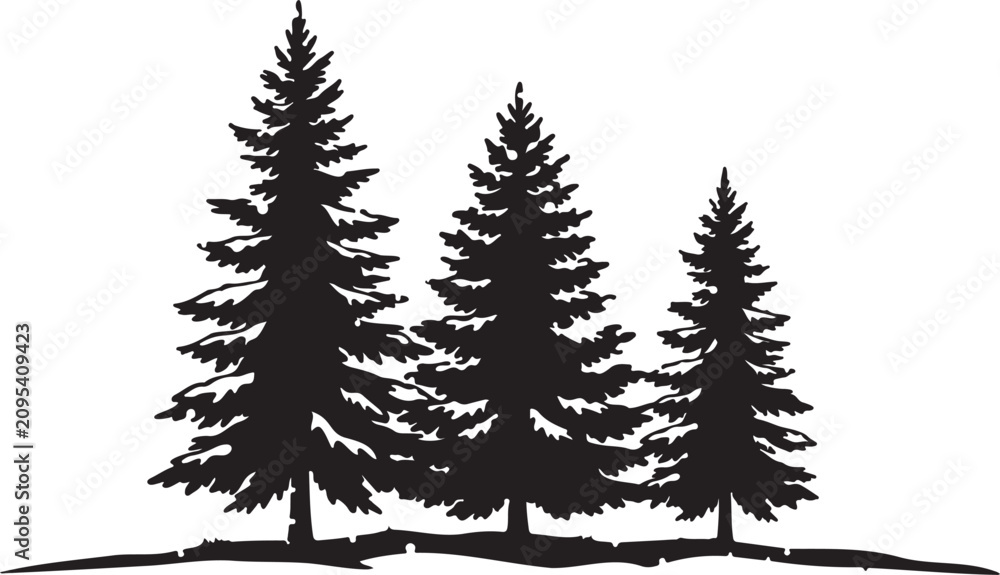 Obraz premium Silhouette of evergreen pine trees on rolling ground, isolated on white background, perfect for forest landscapes, wilderness scenes, forestry, nature, and outdoor design projects.