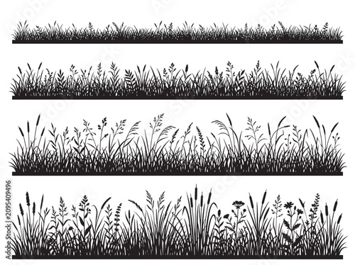 Collection of natural grass silhouette borders varying heights and leaf shapes