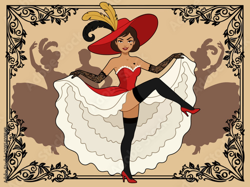 Картината върху платно Vintage Can-Can Dancer Illustration in Red Cabaret Dress and Hat