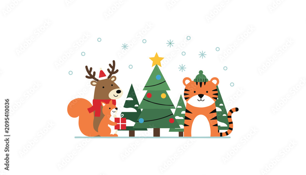 Fototapeta premium Whimsical Christmas illustration of forest animals like deer, squirrel, and tiger celebrating by pine trees.