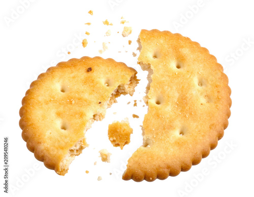 Round cracker broken in half with crumbs