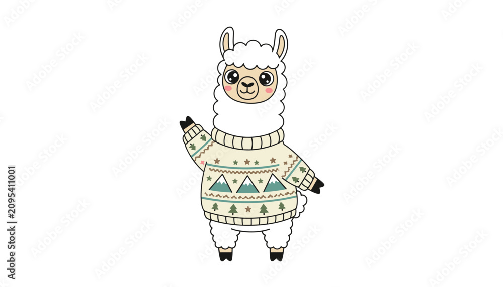 Fototapeta premium Cute cartoon llama wearing a cozy patterned winter sweater with mountains and pine trees waving its hand happily.
