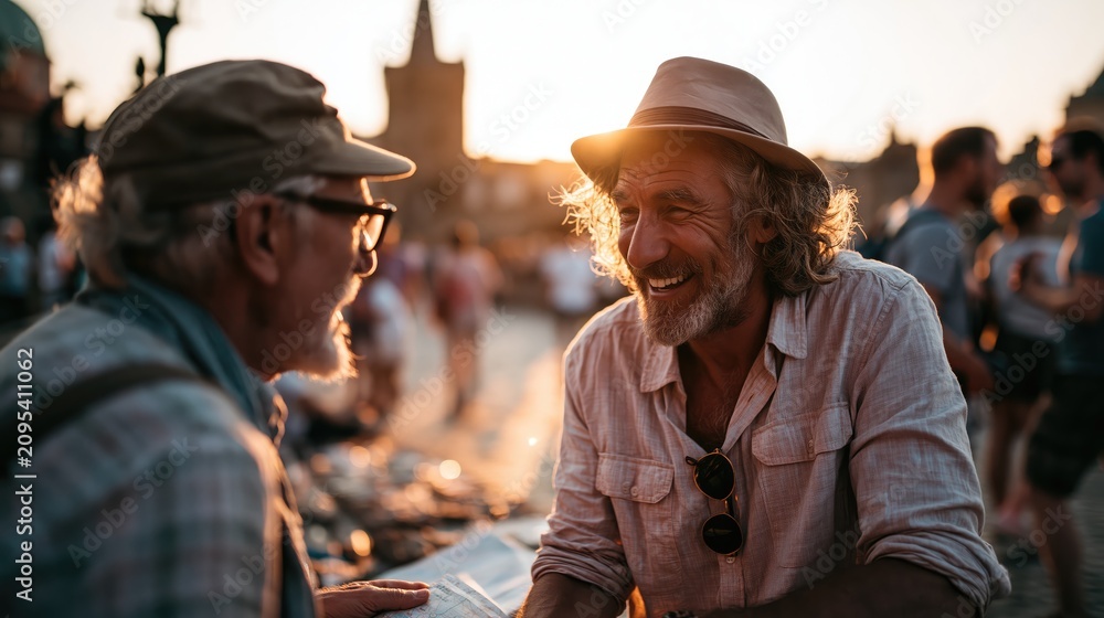 Fototapeta premium Joyful Moments: Two Friends Sharing Stories at Sunset in a Bustling City Square