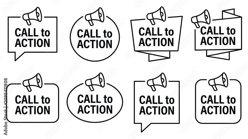 Obraz premium Set of marketing design elements featuring megaphones and call to action text notification.