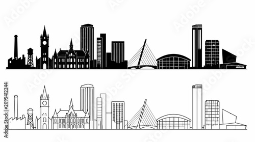 Manchester city skyline silhouettes in solid and line art styles, urban architecture vector.