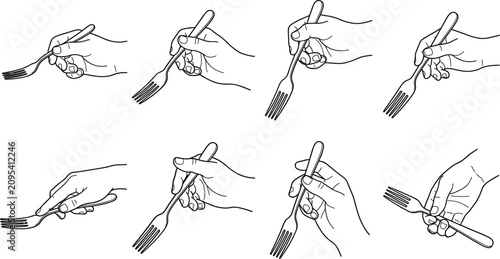 Tableau sur toile Human hand holding fork gesture sequence vector illustration showing different p