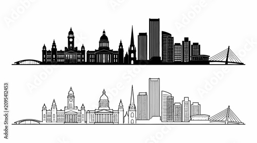 Belfast city skyline silhouette and line art with landmarks, urban architecture graphic.