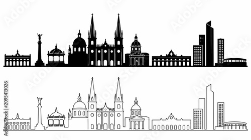 Guadalajara skyline silhouette and outline with cathedral, Mexican travel concept