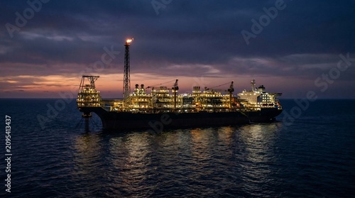 FPSO offshore oil and gas production vessel at sunset.